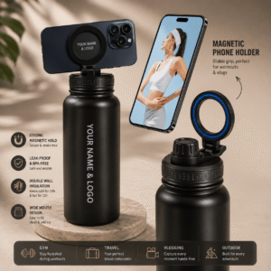 Gym Sports 32oz Magnetic Insulated Wide Mouth Stainless Steel Water Bottle With Magnetic Cell Phone Holder