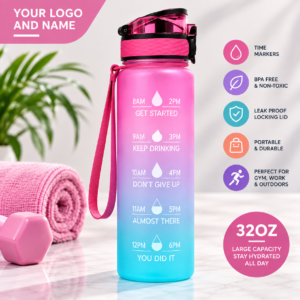 Custom Logo 32oz/1L Fitness Sport Colorful Gym Plastic Protein Air Motivational Water Bottle With Time Maker