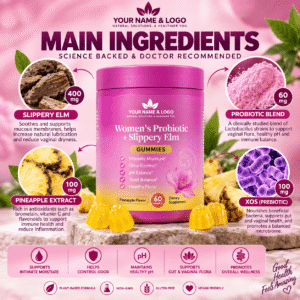 2-in-1 Feminine Probiotics and Slippery Elm Gummies – Pineapple Flavor for Vaginal pH, Gut and Digestive Wellness