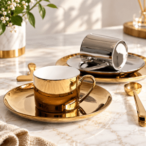 Ceramic Gold Coffee Tea Mug Porcelain Breakfast Cup and Plate Serving Set