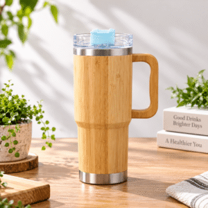 (WITH HANDLE) Car Cup Portable Travel Mug Bamboo Shell 30oz Double Wall Insulated Vacuum Stainless Steel Tumbler