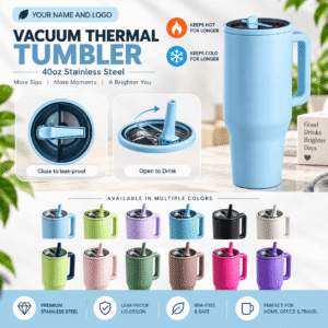 Foldable Flip Straw Double Wall Vacuum Insulated Stainless Steel 40 oz Travel Tumbler With Handle