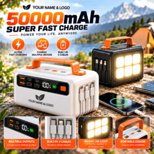 22.5W 50000MAH Powerbank Portable Camp Lamp Power Bank with Built in Cables Customizable Logo Power Banks for Outside Events
