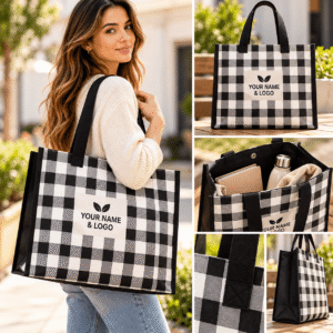 Checkered Laminated Reusable Grocery Tote Bag