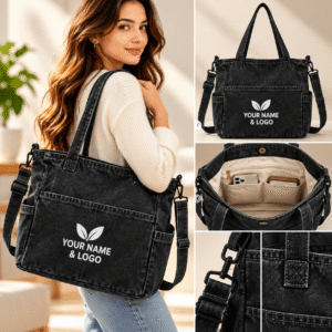 Fashion Blue Denim Tote Bag Denim Portable Travel Shopping Tote Bag for Women with Long Shoulder Strap
