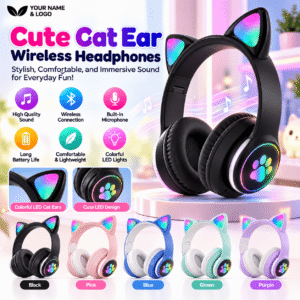 Foldable Cute Cat Ears Bluetooth Headphone for Girls LED Light Over Ear Headset Wireless Gaming BT Headphone for Ladies
