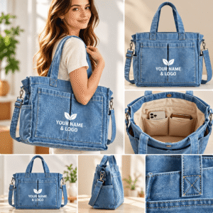 Fashion Large Denim Tote Bag Daily Life Durable Bag Reusable Large Denim Shopping with Front Pocket