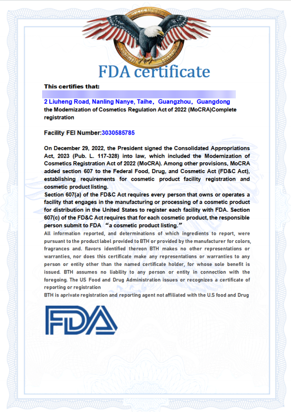 FDA MoCRA Certificate