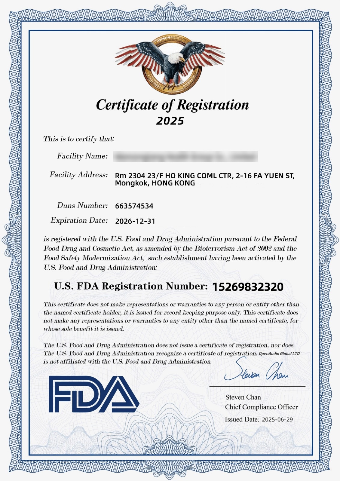 FDA Registration Certificate