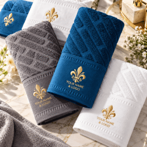 Jacquard Geometric Bath Towel Set 100% Cotton Gold Embroidered Emblem Highly Absorbent Soft