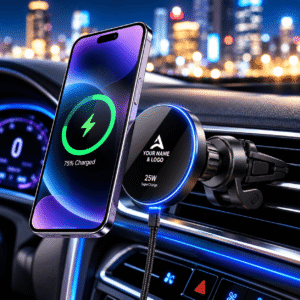 Wireless Car Charger with Built-in Cable Low Temperature Fast Charging 58mm Aluminum Alloy Acrylic Mirror Mount for Vehicle