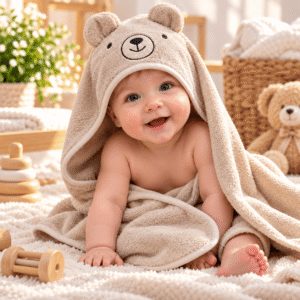 Hooded Baby Towel 100% Cotton Terry Bunny Ears Design Highly Absorbent Soft Bath