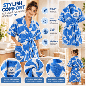 Softextiles Unique Short Terry Bathrobe Blue Beach Robe Chic Jacquard Cotton Robe Water Absorbent Swim Robe